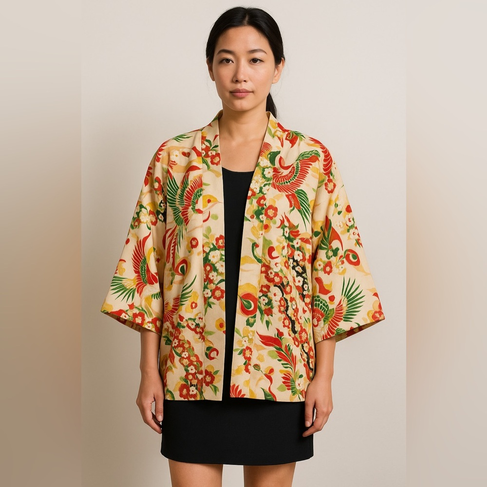 True Vintage Japanese Style Floral Kimono Jacket Multicolor Short Length